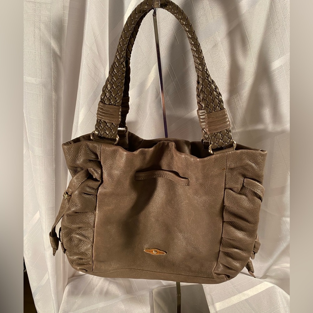 Elliott Lucca Cinched Pebble Leather HOBO Shoulder Bag Braided Strap Taupe Soft!